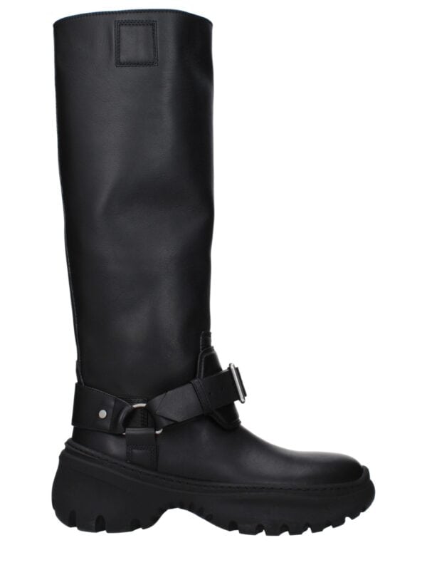 Lux Black Leather Knee-High Combat Boot with Adjustable Strap, Rugged Sole, and Smooth Finish for Stylish Comfort and Durability.