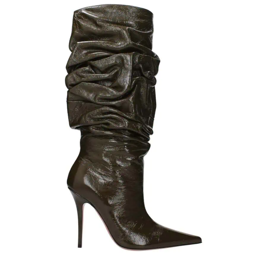 1. Elegant dark brown high-heeled leather boot with slouchy, ruched shaft, pointed toe, and stiletto heel, perfect for stylish winter or fall fashion statements.