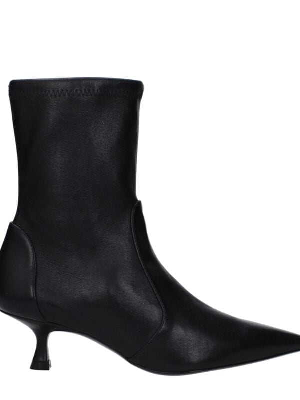 Elegant black leather ankle boot with pointed toe and unique kitten heel, perfect for stylish and sophisticated outfits. Crafted from premium material for comfort and durability.