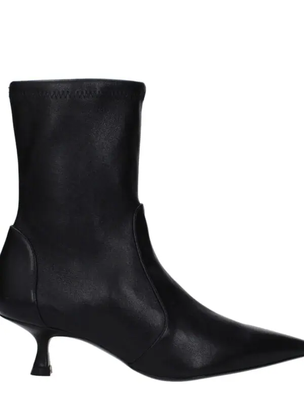 Elegant black leather ankle boot with pointed toe and unique kitten heel, perfect for stylish and sophisticated outfits. Crafted from premium material for comfort and durability.