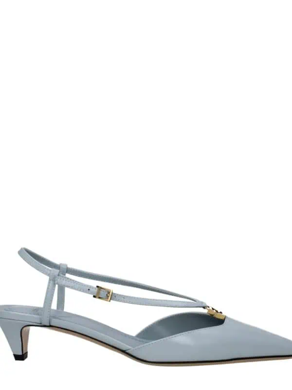 Elegant light blue pointed-toe slingback shoe with a sleek low heel and gold buckle detail, perfect for stylish formal or casual occasions.