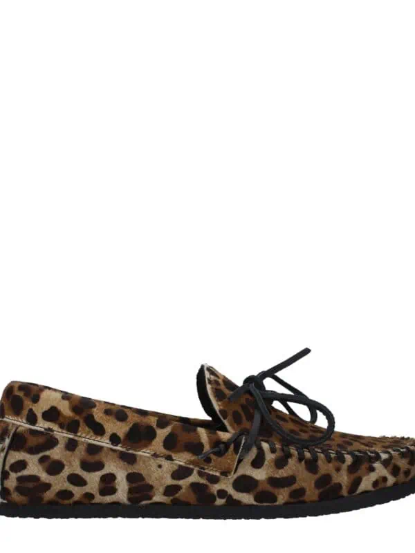 Leopard print faux fur moccasins with black laces and sole, stylish and cozy slip-on footwear designed for comfort and fashion.