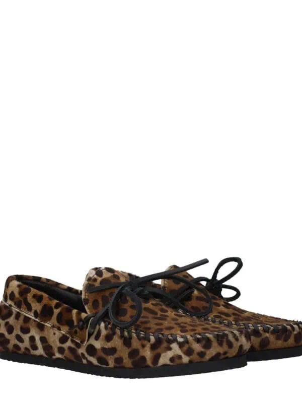 Leopard print moccasin shoes with black laces and sole, stylish suede material, perfect for casual and trendy fashion statements, available at Lux Brands.