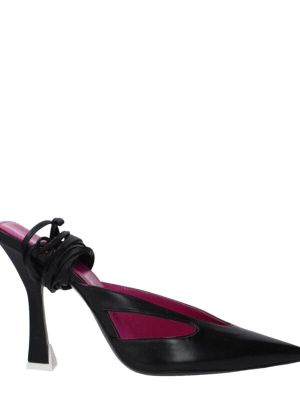 Elegant black leather pointed-toe high heel with stylish ankle tie detail and a unique sculpted white accent heel, perfect for chic and luxurious wardrobe upgrades.