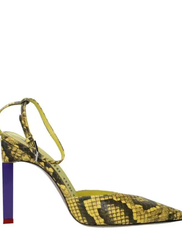 1. Snake print pointed-toe high heel shoe with ankle strap and colorful block heel, stylish and bold fashion statement.