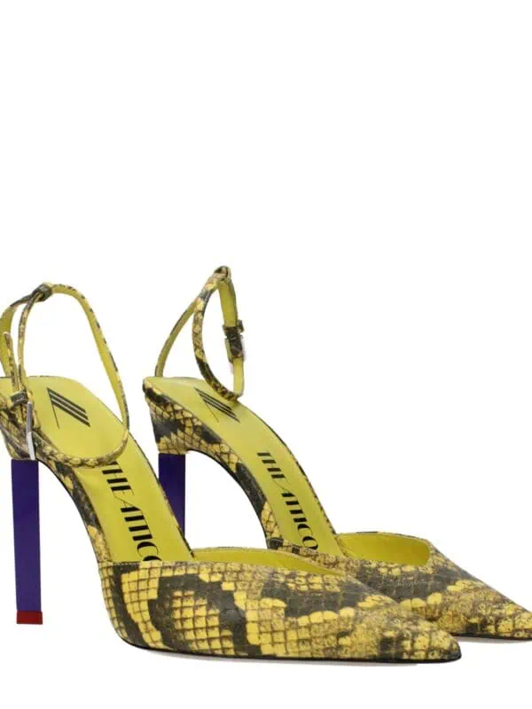 Yellow and black snake print high heels with pointed toes and ankle straps, featuring bold multicolor block heels for a standout fashionable look.