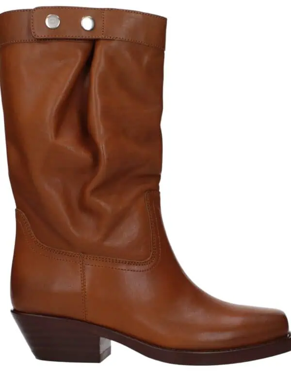 1. Stylish tan leather knee-high boots with a sleek design and stacked heel, perfect for fall and winter fashion.