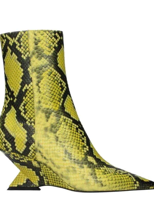 1. Bright yellow and black snakeskin-patterned ankle boot with pointed toe and block heel for trendy, bold style.