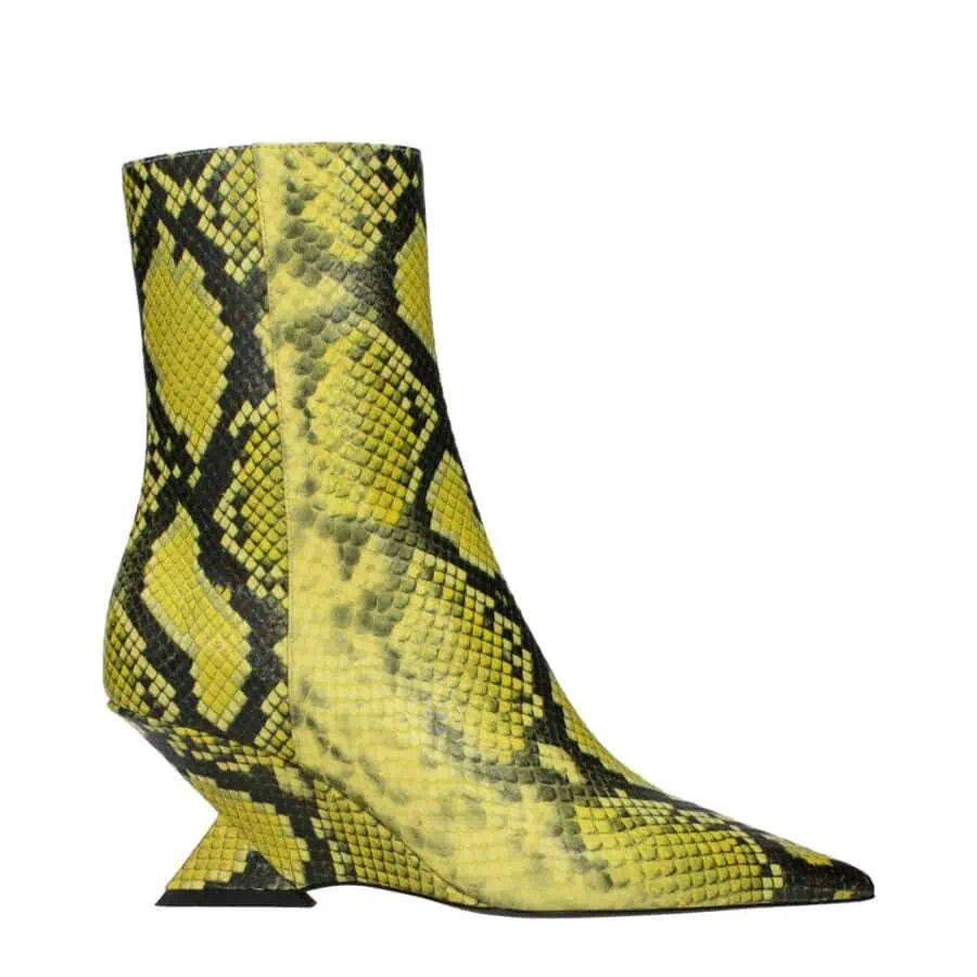 1. Bright yellow and black snakeskin-patterned ankle boot with pointed toe and block heel for trendy, bold style.