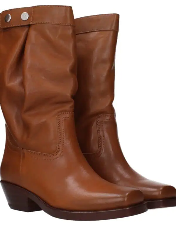 Brown leather knee-high boots with stacked heels, perfect for stylish fall and winter outfits. Elegant and durable footwear designed for comfort and fashion.