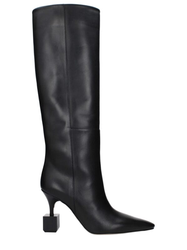 Lux black leather knee-high boots with pointed toes and unique block heel design from Lux Brands.