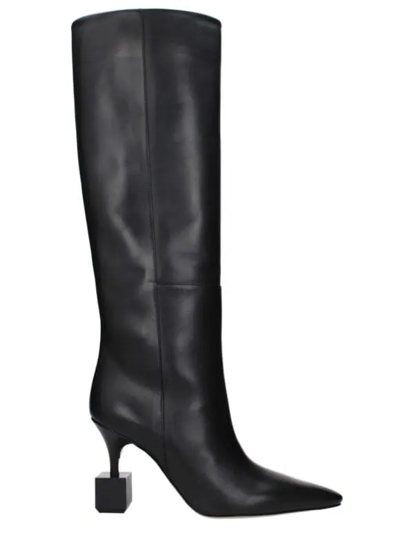 Lux black leather knee-high boots with pointed toes and unique block heel design from Lux Brands.