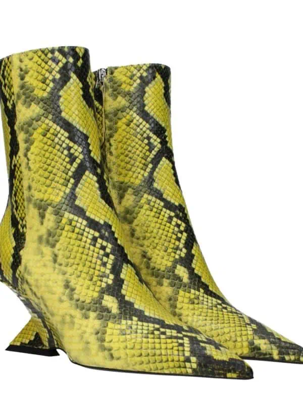 Yellow and black snakeskin design ankle boots with pointed toes and zipper closure, stylish and bold footwear from Lux Brands.
