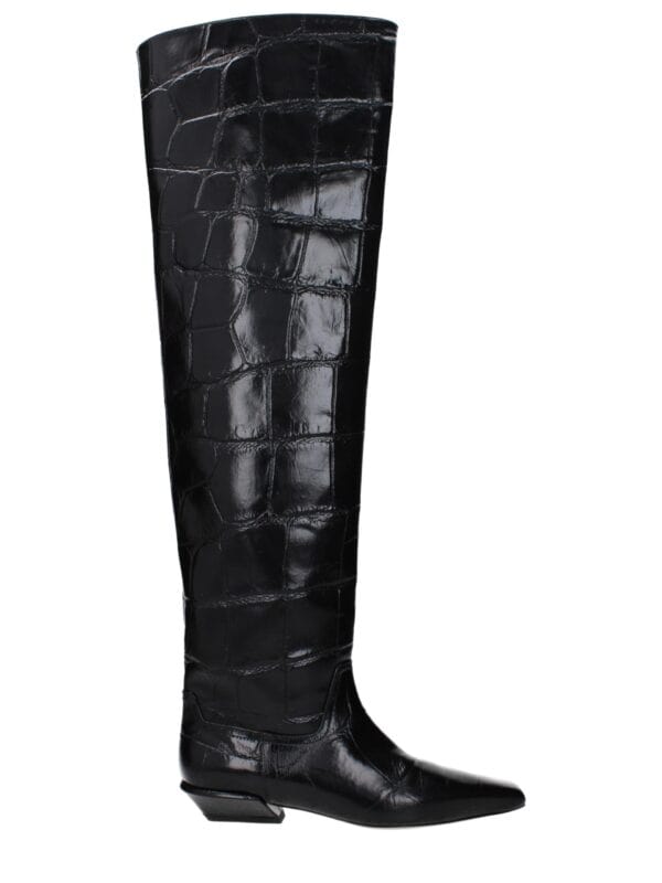 Genuine black crocodile-embossed leather over-the-knee boots with pointed toe and low block heel for a luxurious, sophisticated look. Perfect for high fashion and stylish outings.