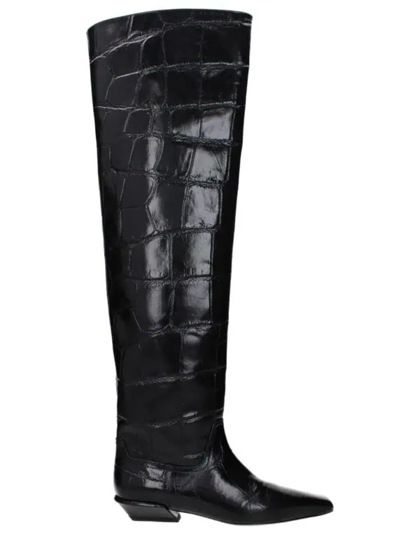 Genuine black crocodile-embossed leather over-the-knee boots with pointed toe and low block heel for a luxurious, sophisticated look. Perfect for high fashion and stylish outings.