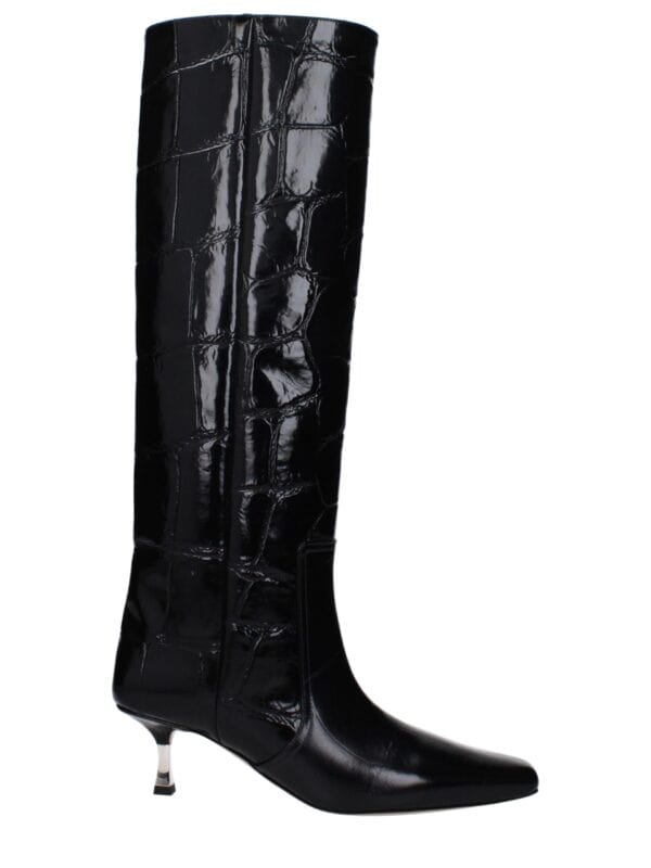 1. Stylish black crocodile-embossed knee-high boot with pointed toe and unique metallic stiletto heel, perfect for luxury fashion statements.