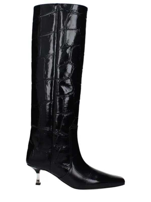 1. Stylish black crocodile-embossed knee-high boot with pointed toe and unique metallic stiletto heel, perfect for luxury fashion statements.