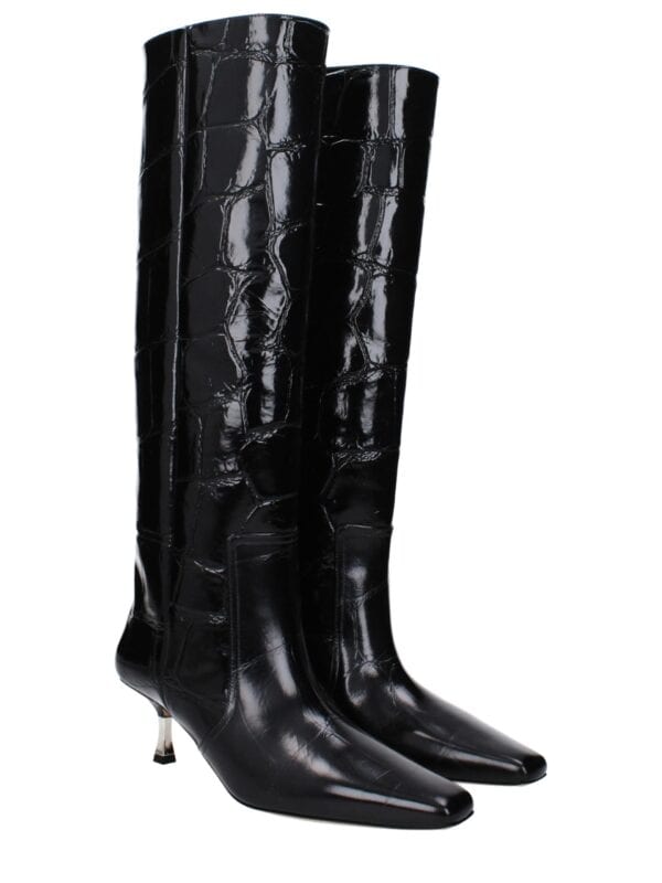 Bold black crocodile-embossed leather knee-high boots featuring pointed toes and sleek stiletto heels for a luxurious, high-fashion look. Perfect for making a statement in any sophisticated wardrobe.