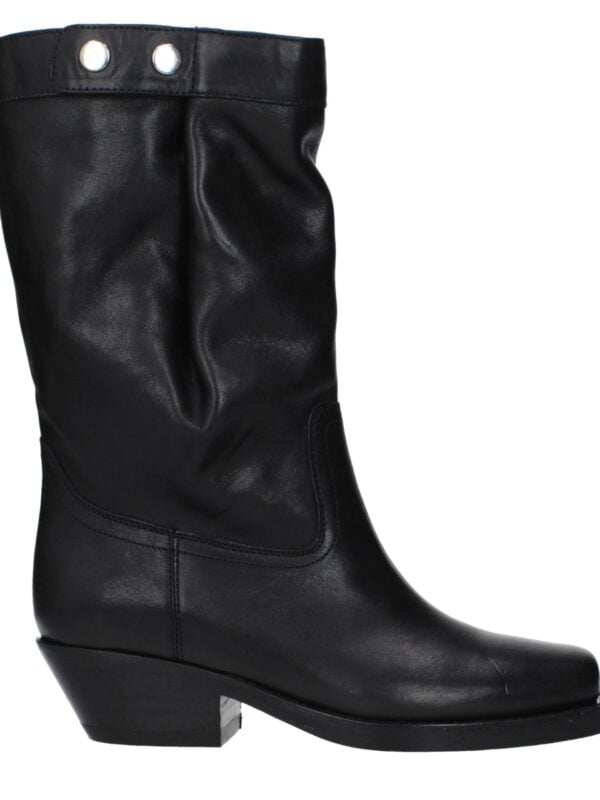 High-quality black leather knee-high boots with a sleek design, sturdy heel, and stylish metal accents on the upper for a fashionable statement. Perfect for casual or formal outfits.