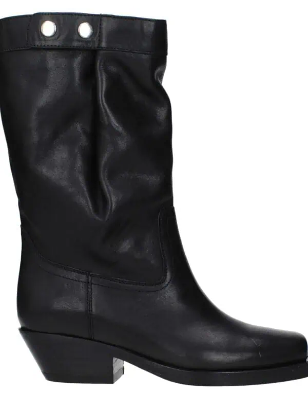 High-quality black leather knee-high boots with a sleek design, sturdy heel, and stylish metal accents on the upper for a fashionable statement. Perfect for casual or formal outfits.