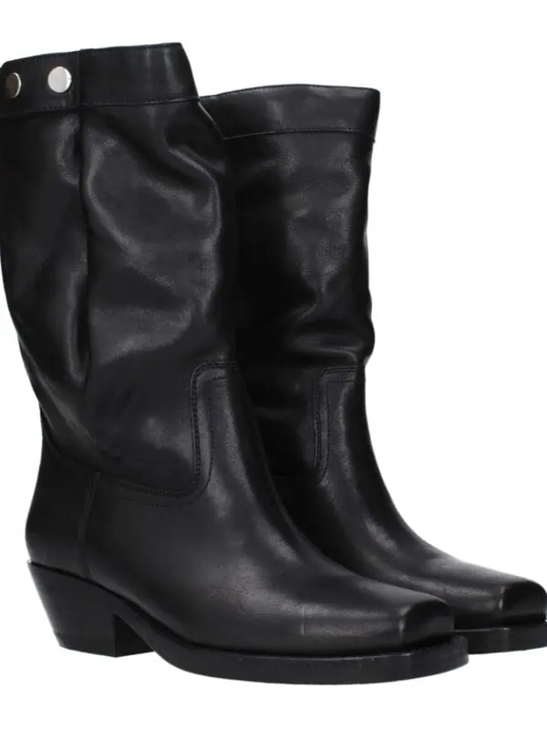 Black leather knee-high boots with block heels, stylish stitching details, and silver button accents for a fashionable, rugged look. Perfect for casual or semi-formal outfits.