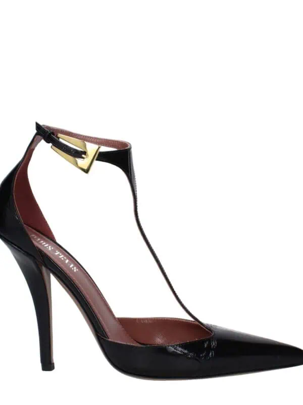 Stunning black patent leather high heel shoe with pointed toe, ankle strap with gold buckle detail, and elegant stiletto heel from Lux Brands. Perfect for sophisticated occasions.
