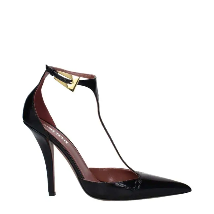 Stunning black patent leather high heel shoe with pointed toe, ankle strap with gold buckle detail, and elegant stiletto heel from Lux Brands. Perfect for sophisticated occasions.