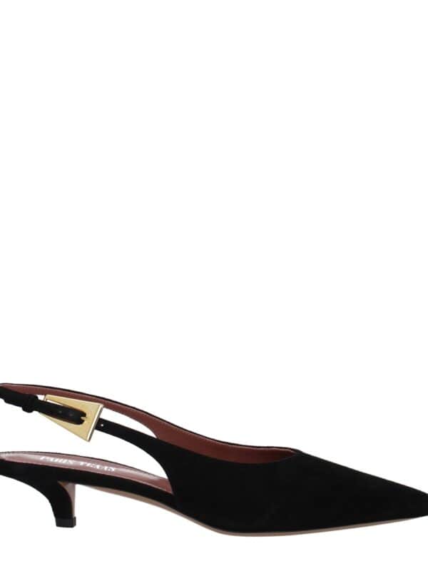 Elegant black pointed-toe slingback high heel shoe with a gold-tone buckle detail. Perfect for stylish occasions and sophisticated outfits.