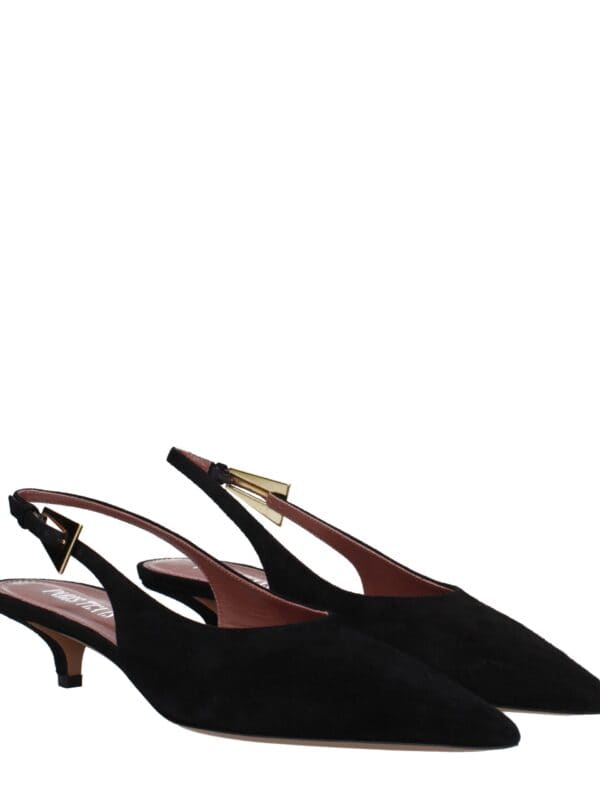Luxurious black suede pointed-toe slingback kitten heels with gold accent buckles, perfect for elegant and stylish occasions. Ideal for women seeking fashionable and comfortable footwear.