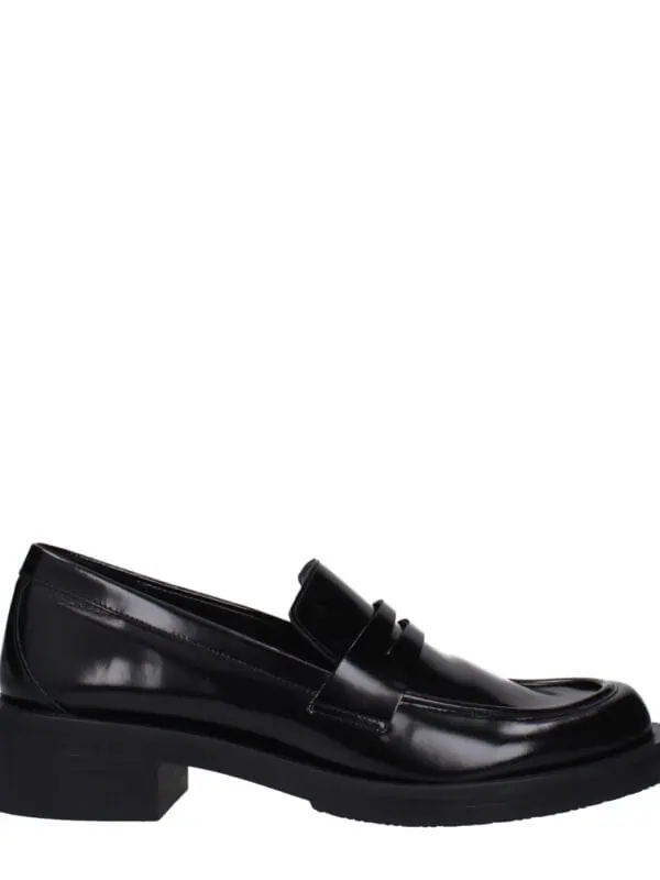 Lux black polished leather loafer with chunky heel and slip-on design, perfect for stylish and comfortable office or casual wear.