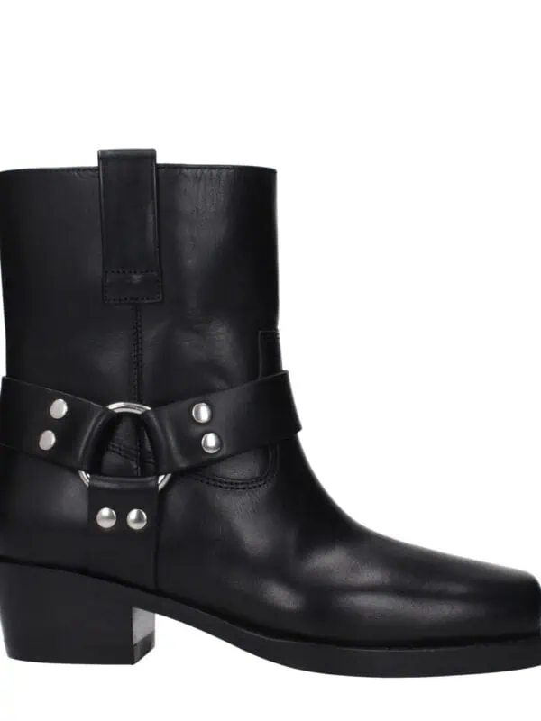 1. Stylish black leather ankle boot with decorative strap and silver hardware, featuring a chunky heel for a fashionable look.