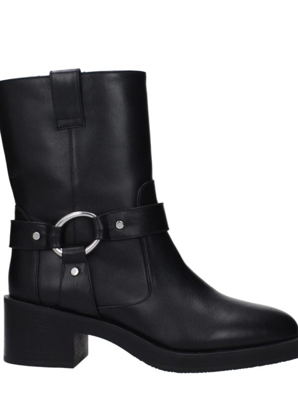 Black leather ankle boot with silver ring detail and chunky heel, perfect for stylish fall and winter outfits.