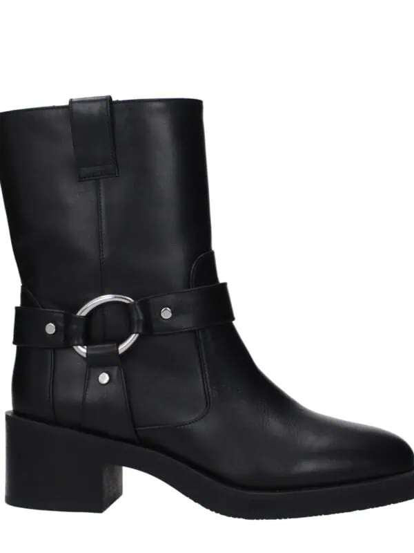Black leather ankle boot with silver ring detail and chunky heel, perfect for stylish fall and winter outfits.