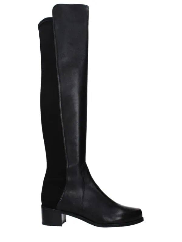 Over-the-knee black leather boots with a block heel, stylish and perfect for elegant winter outfits.