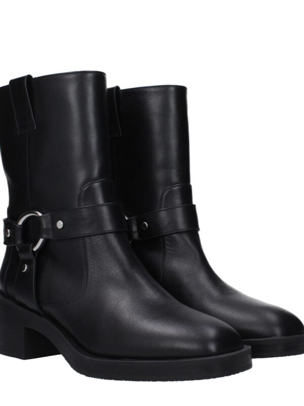 Luxurious black leather ankle boots with silver ring detail and sturdy block heel, perfect for stylish everyday wear or evening outings.