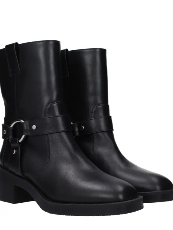 Luxurious black leather ankle boots with silver ring detail and sturdy block heel, perfect for stylish everyday wear or evening outings.