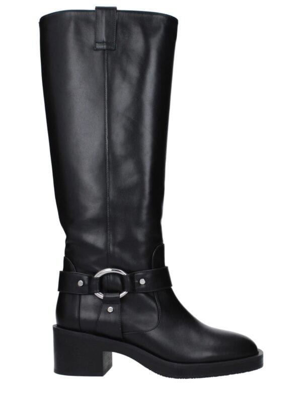 Black leather knee-high boot with silver ring embellishment and block heel, stylish and luxurious footwear perfect for chic outfits and formal occasions.