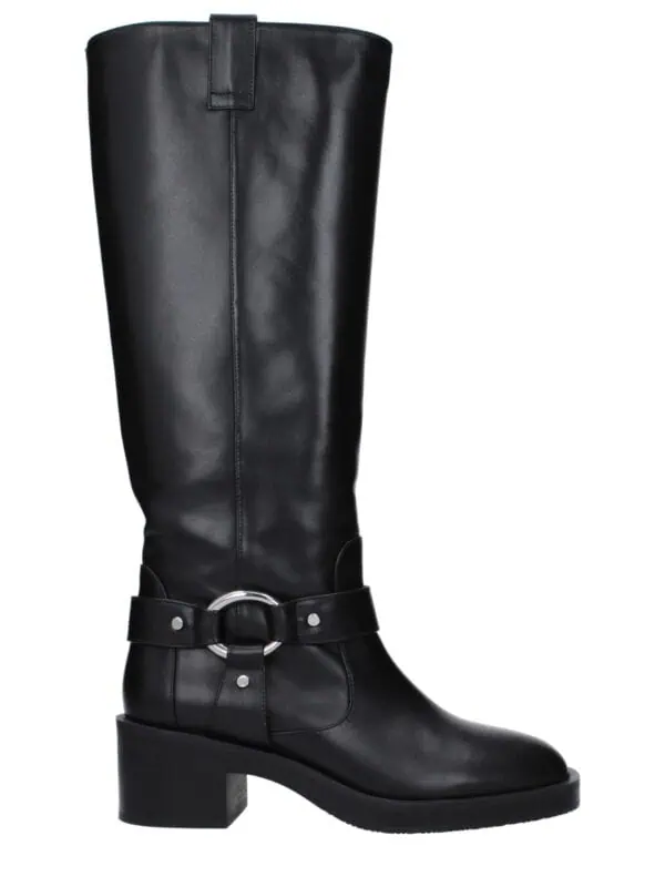 Black leather knee-high boot with silver ring embellishment and block heel, stylish and luxurious footwear perfect for chic outfits and formal occasions.