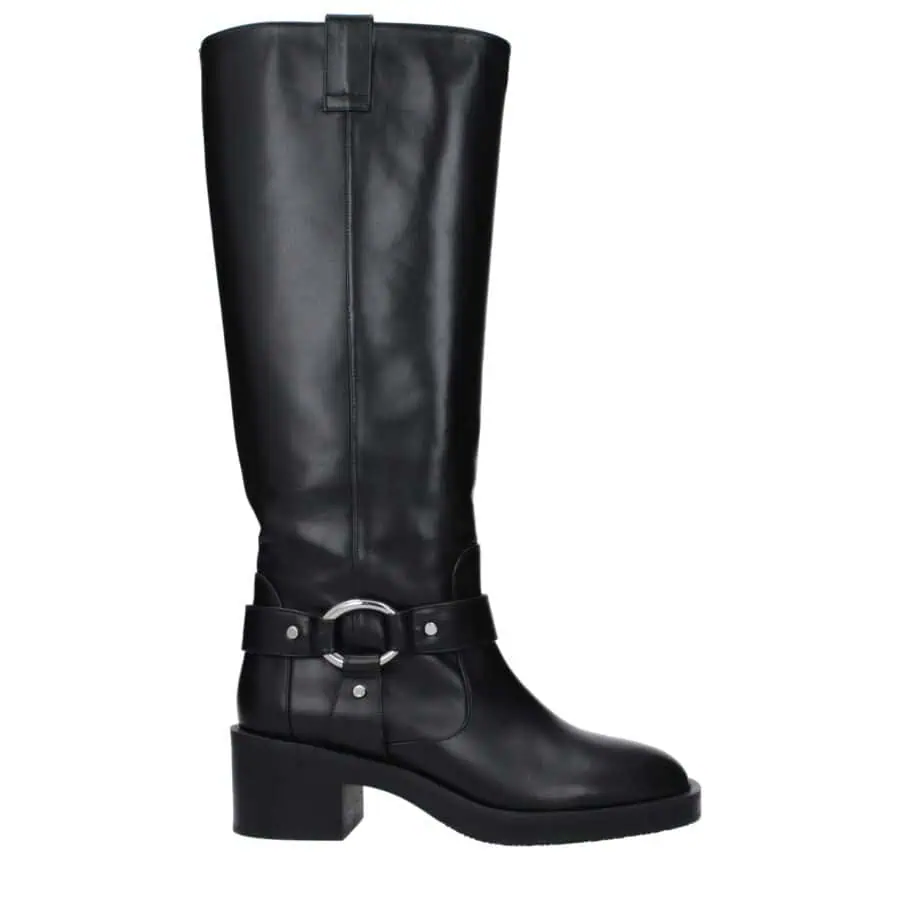 Black leather knee-high boot with silver ring embellishment and block heel, stylish and luxurious footwear perfect for chic outfits and formal occasions.