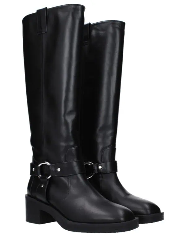 Black leather knee-high boots with silver ring detail and block heels, luxury fashion footwear for women.