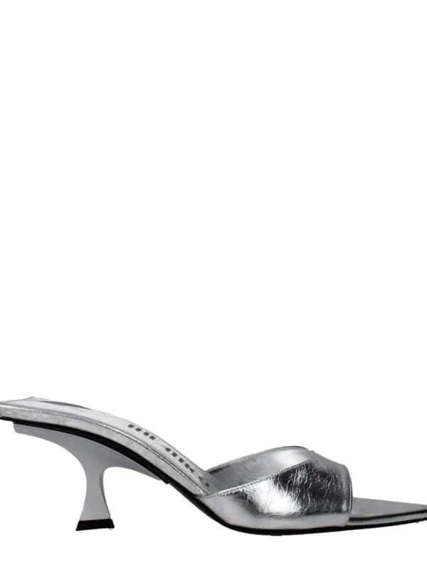 Glossy silver high-heeled mule sandal with a unique curved heel and a wide strap, perfect for stylish formal occasions or chic night outs.