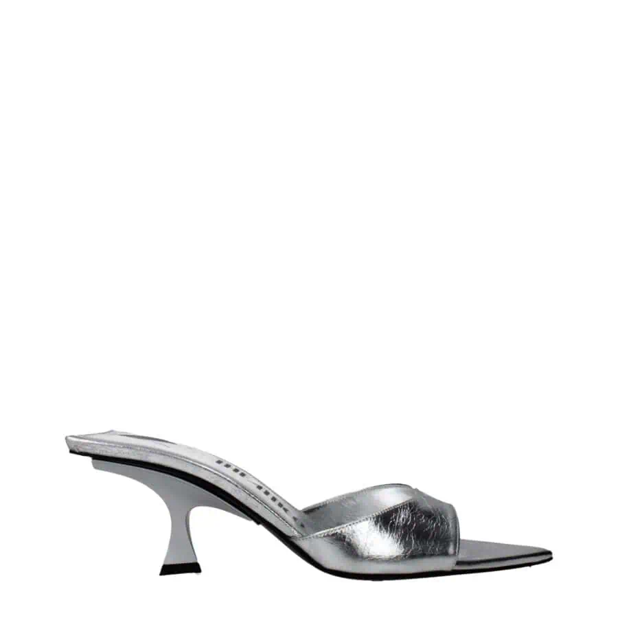 Glossy silver high-heeled mule sandal with a unique curved heel and a wide strap, perfect for stylish formal occasions or chic night outs.
