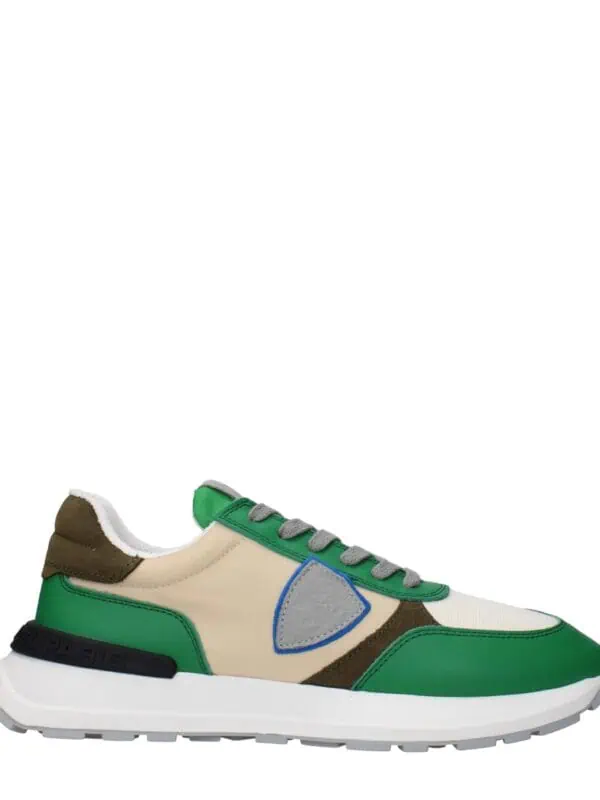 Bright green, beige, brown, and gray sneaker with layered design, cushioned sole, and athletic style from Lux Brands.