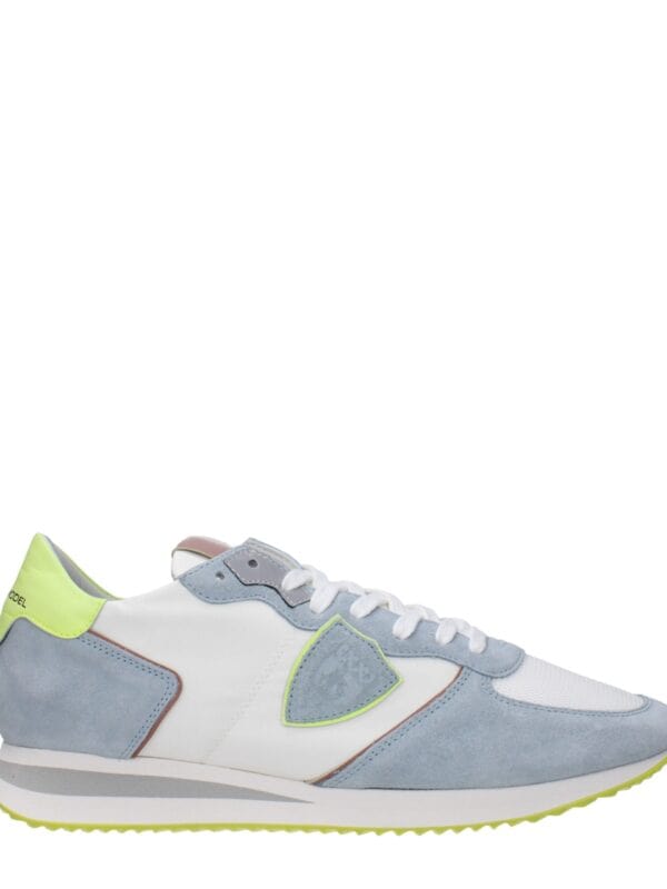 Lux brand sporty sneaker with white, grey, and neon yellow accents, featuring suede and mesh materials, perfect for casual or athletic wear.