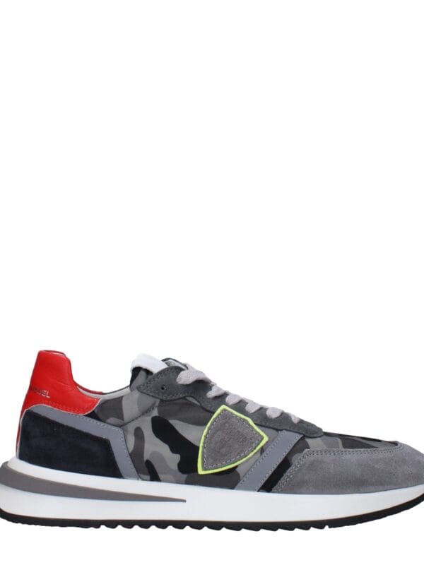 1. Stylish men's gray, black, and red camouflage sneakers with neon accents, perfect for casual wear and athletic activities.