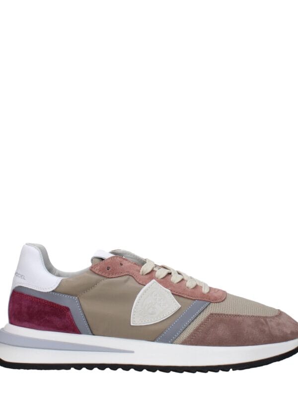 Comfortable designer sneakers with mixed beige, pink, and burgundy accents, featuring a sleek silhouette and sporty sole, perfect for a stylish casual look.