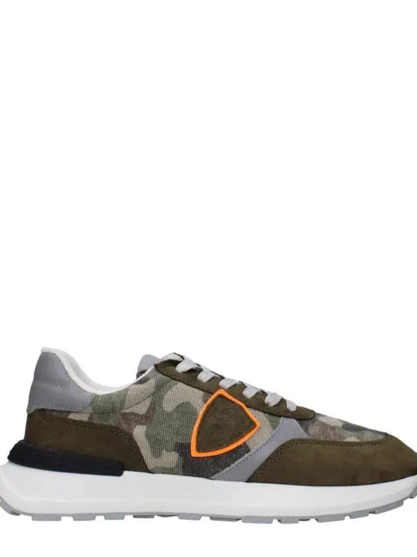 1. Men’s camouflage and olive green athletic sneaker with orange accents, comfortable design, ideal for everyday casual wear and outdoor activities.