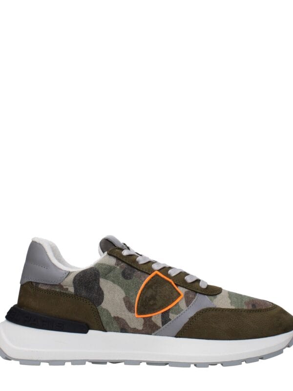 1. Olive green and camouflage casual sneakers with orange accent, cushioned sole, for stylish comfort.