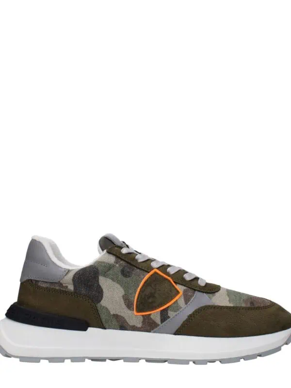 1. Olive green and camouflage casual sneakers with orange accent, cushioned sole, for stylish comfort.
