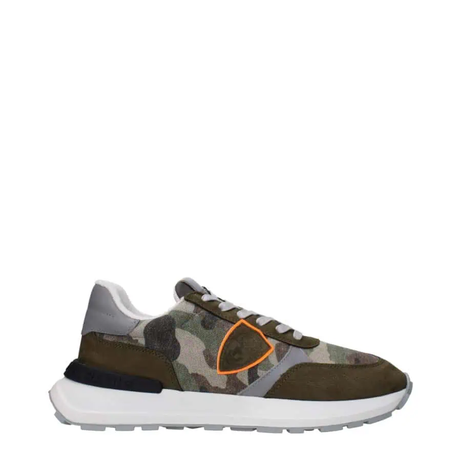1. Olive green and camouflage casual sneakers with orange accent, cushioned sole, for stylish comfort.